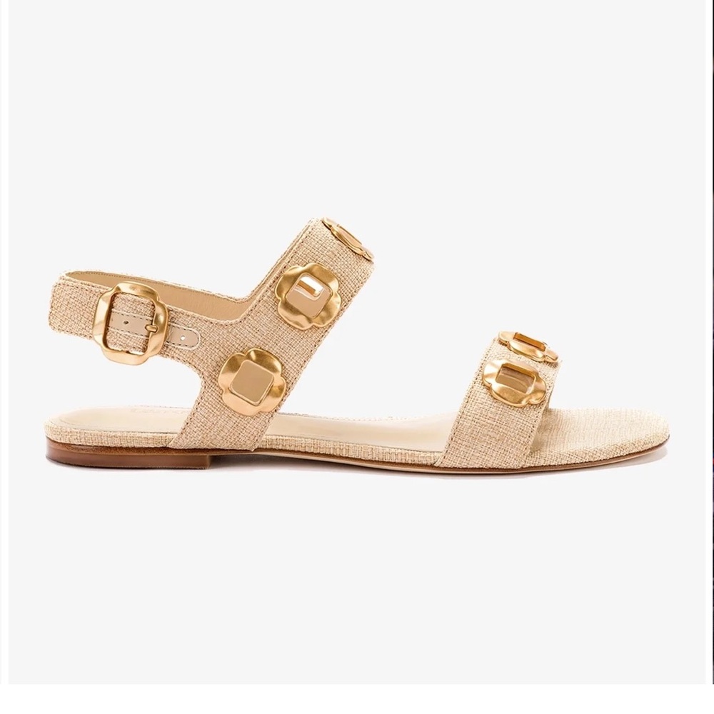 Larroude Milan Flat Sandal in Beige Raffia